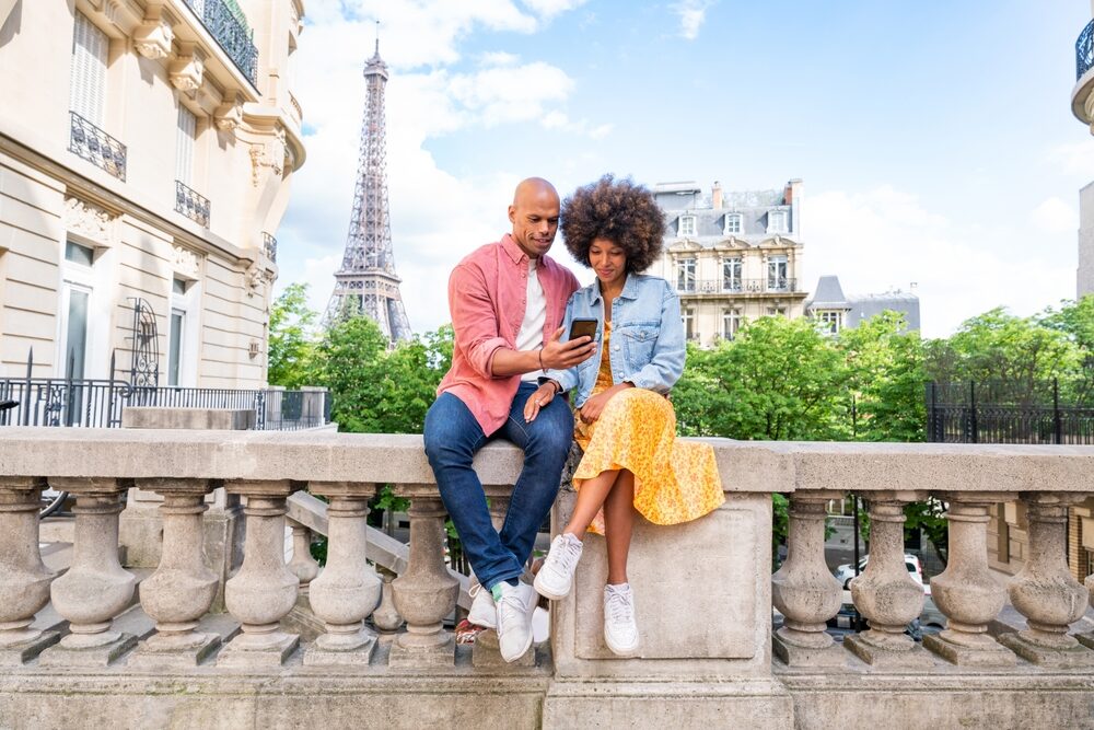 Black,Cheerful,Happy,Couple,In,Love,Visiting,Paris,City,Centre