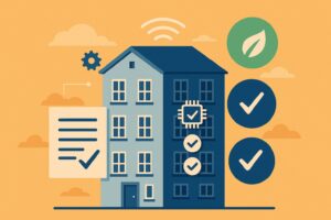 Modern residential building with tech icons and checkmarks representing digital connectivity and building certification standards.