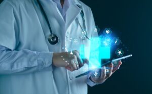 Doctor using a digital tablet with futuristic medical icons and AI technology overlay.
